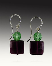 Venetian Glass Purple and Green Swarovski Crystal Dangle Earrings