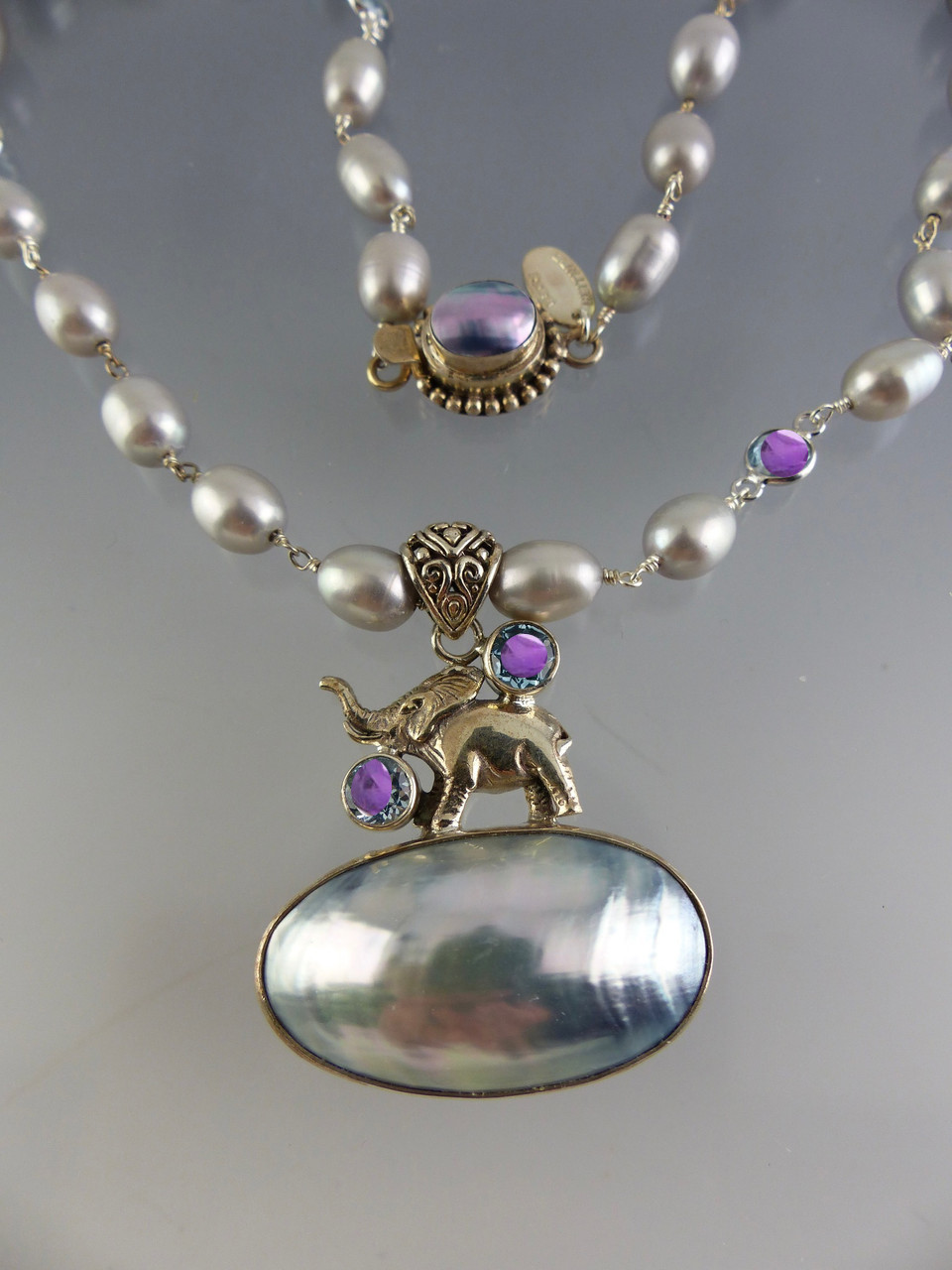 Hand-Carved Sterling Elephant on Huge Osmina Pearl Wire Wrapped Pearl  Amethyst Chain - Bess Heitner Jewelry Designs