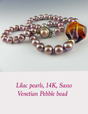 Grade AA Opulent Violet Silver Pearls with 14K Rondels and Venetian Amethyst Amber Sasso Center