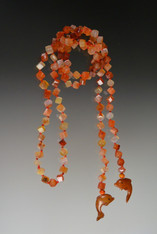 Red Silk Hand-Knotted Carnelian Cube Lariat with Jade Fish Dangles