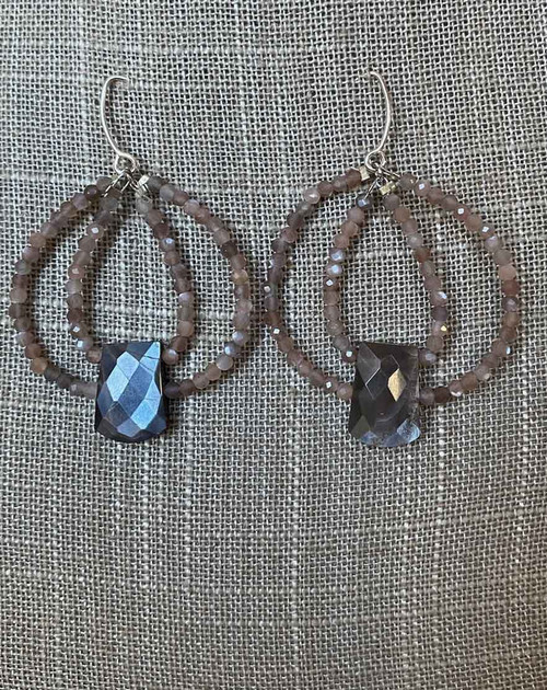 Hoops that stand out!  These earrings feature double hoops of mystic chocolate faceted 2mm beads with a faceted labradorite center and sterling earwires.  2"
