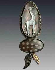 RARE Amy Kahn Russell Mother of Pearl Giraffe Guinea Feathers and Topaz Pin/Pendant