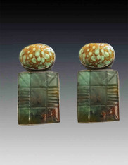 Amy Kahn Russell Carved Green Brown Chrysophrase Hubble Glass Clip/Post Earrings