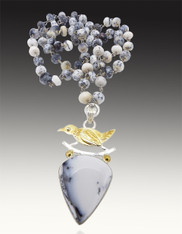 Dendritic Opal 22K plated sterling Silver Bird pendant on Wire wrapped  chain SOLD