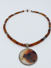 Large Natural Scenic Dendrite Agate Pendant in Sterling frame on a Amber Horn Chain