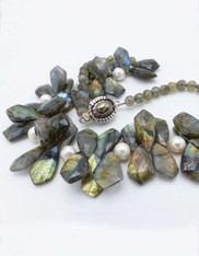 Huge Faceted Multi toned labradorite drops with White Pearls and Rare Sterling Clasp