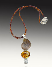 Ammonite, Citrine, Pearl Sterling Pendant on Hessionite Garnet Chain