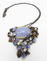 Natural Chalcedony with clusters of 22k over silver, blue topaz Pendant on Gunmetal Chain