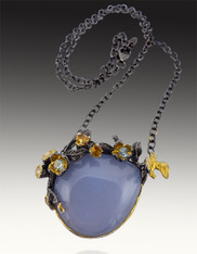 Natural Chalcedony with 24K Silver Ornaments on Gunmetal Chain