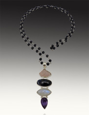 Rose Quartz,moonstone, amethyst  Sterling Pendant on Wire-Wrapped Onyx Chain