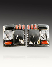 Echo of the Dreamer clip earrings, coral, tourmaline quartz, black onyx, art deco pattern