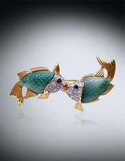 Vintage Karl Lagerfeld Jade 22K Vermeil Swarovski Crystal Kissing Fish Pin SOLD