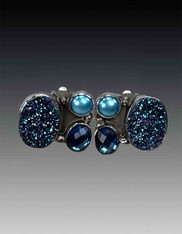 Amy Kahn Russell Blue Druzy, Pearl Sterling Clip/Post earrings