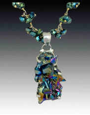 Jagged Iridescent Agate with AB Coating Pendant on Green Dangle Chain