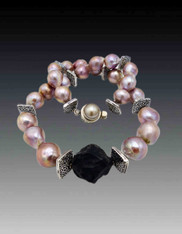 Huge Lilac Pearls with Hammered Brazilian Center, Bali Silver and 14K rondels.
