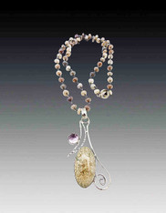 Fossilized Coral, Kunzite Sterling  Pendant on  Wire Wrapped Moonstone Chain