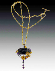 Thai Agate, Citrine, Gem Pendant on 24K plated Chain with 14K Clasp