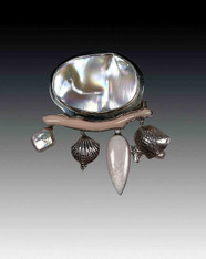 Amy Kahn Russell Mother of Pearl, coral, silver, shell, pearl dangles Pin/Pendant