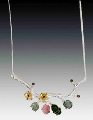 Natural Tourmaline  Hand Carved flowers on sterling Branch with Sterling Chain