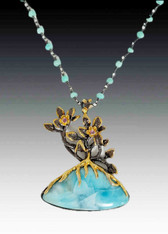 Handmade Natural Larimar gold plated black rhodium Pendant on wire wrapped Larimar chain
