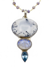 Huge Moonstone blue topaz  pendant on Dendritic Jasper Hand wired Chain