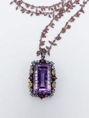 Rectangle Amethyst  Pendant framed with precious Stones on a garnet dangle chain