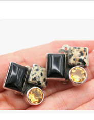 Amy Kahn Russell Dalmatian Jasper, Citrine, Onyx, SS clip/post Earrings