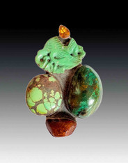Vintage Amy Kahn Russell Carved Jade Turquoise Amber Citrine S/S Pin Pendant
