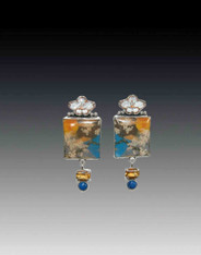 Amy Kahn Russell Hand-Enameled Flower Tile, Lapis, Citrine Sterling Clip/Post Earrings