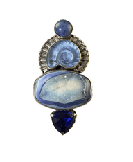 Amy Kahn Russell Rare Vintage Lapis Druzy Carved Crystal Shell S/S Pin-Pendant
