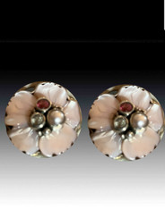 Echo of the Dreamer  pink flower, white topaz, pearl & pink tourmaline clip earrings