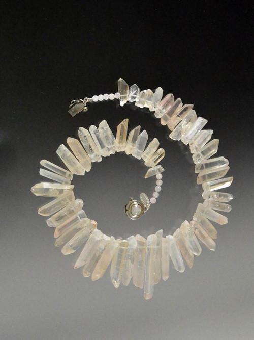 A website best buy with amazing impact!  An 18" collar of iridescent natural nude tone quartz  with custom sterling clasp. Also available in 19.5"
