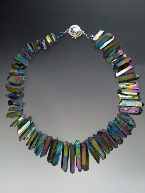 A website best buy with amazing impact!  An 18" collar of iridescent natural quartz with tones of wine and green with custom sterling clasp. Also available in 19.5"