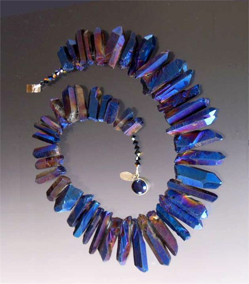 A website best buy with amazing impact!  An 18" collar of iridescent cobalt natural quartz with tones of silver and pale blue with custom sterling clasp. Also available in 19.5"