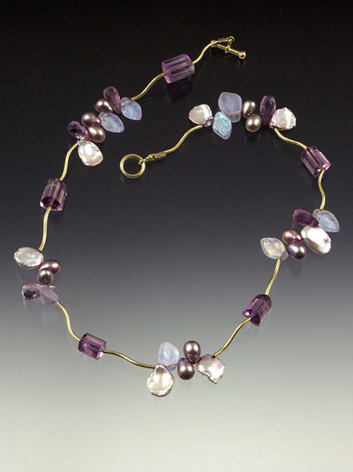 This delicate necklace features Grade AAA faceted Brazilian amethyst stones and precious clusters of amethyst, ametrine and petal pearls between 14K curved branches and toggle clasp. 17-1/2"
