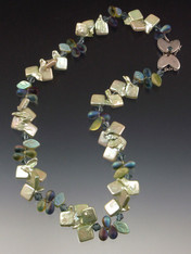Pale sage square freshwater pearls spaced with twilight blue clusters of frosted glass, 