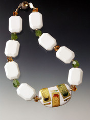 Kyoto jewelry is yours. A dramatic 24K  2" cloisonne centerpiece handmade exclusively for this design by a renowned Kyoto atelier framed by white agate slices, grade AA carnelian and peridot cut nuggets, 14K rondels, 18K clasp 
