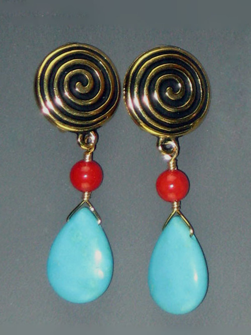 Our most popular clip earring features Terracast 22K plate swirl discs with faceted coral and and turquoise teardrop dangles. They go with everything and are super light and comfortable 1-1/4"