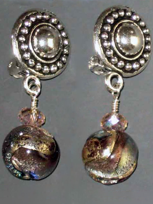 This elegant design features circle pattern Terracast sterling button clips and genuine amethyst periwinkle Venetian glass globes with a tiny Swarovski crystal for sparkle. Super light and elegant 1"