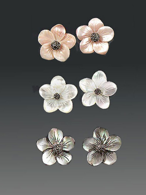 Mother-of-pearl hand-carved flower earrings in pink, white or black with marcasite stud-choose white, pink, or black in comments! 1"