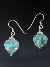 Aqua Dichroic Glass Heart Earrings