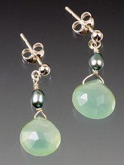 Faceted aqua chalcedony drops with freshwater pearls. 3/4" Select sterling posts or earwires