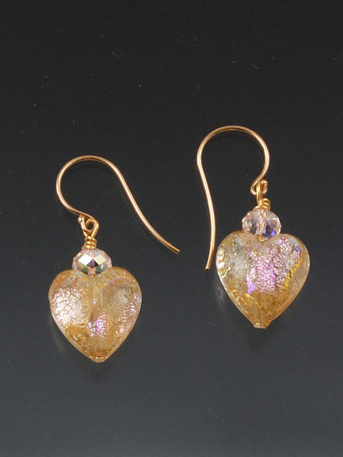 Flashing pink dichroic hearts topped with a tiny Swarovski crystal and 14K earwires