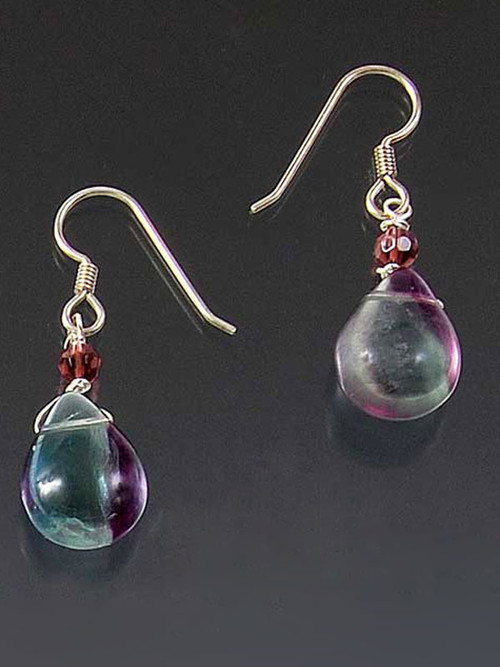 Smooth florite teardrops crowned with faceted garnet rondels gracefully fall from sterling silver earwires. No two alike. Choose wires or post.!"
