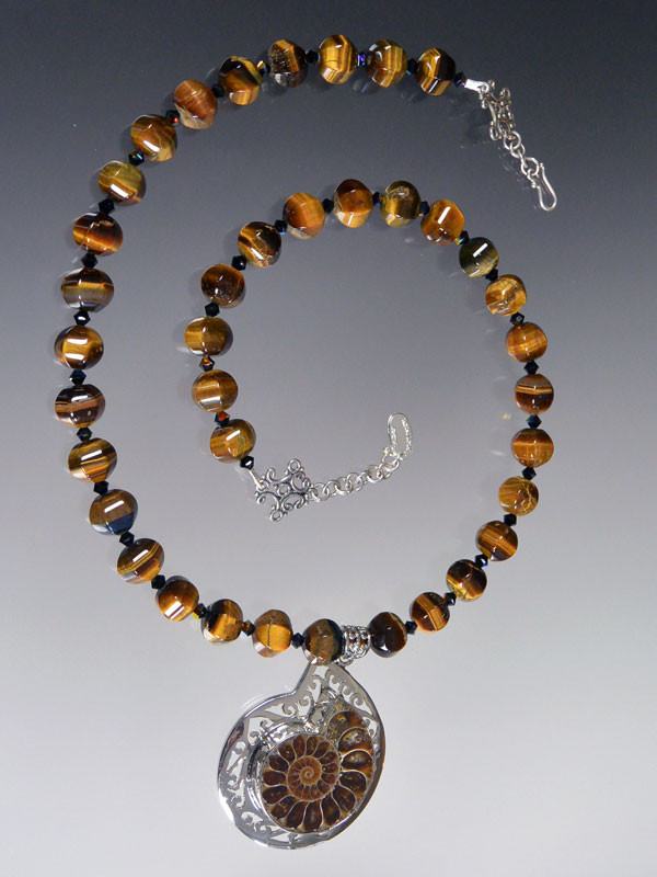Ammonite Sterling Silver Pendant Tiger Eye Necklace