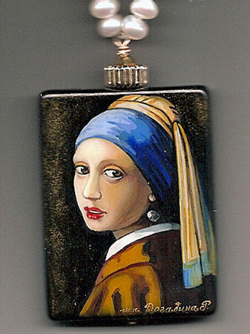 The Girl with the Pearl -  This hand-painted lacquered miniature features a radiant recreation of this famous image underlit with luminous gold 24K foil. A black onyx pendant  crowned with a 14K fluted rondel and 24K Swarovski crystal.