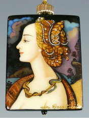 This hand-painted Russian lacquered miniature features a portrait of the beautiful Lucretzia Borgia in profile.The menacing serpent twisted around her gold necklace symbolizes her poisonous cunning. 