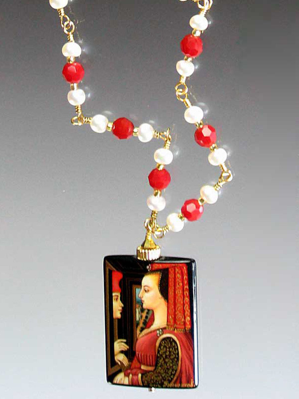Hand Painted Russian Medieval Lovers Pendant On Pearl And Coral
