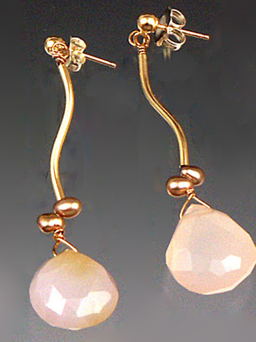 Totally elegant and a great value for real gold. Pale pink chalcedony teardrops topped with tiny freshwater pearls.