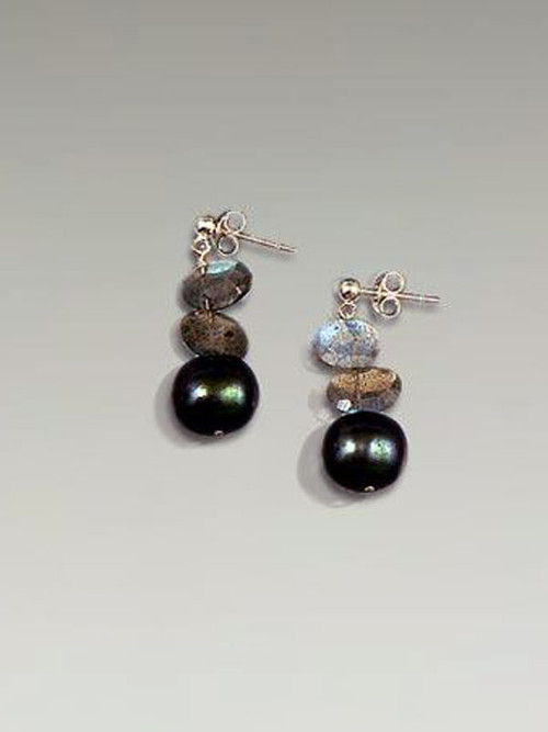 These versatile earrings go with everything and feature grade AAA peacock freshwater pearls with labradorite slices, sterling posts or earwires 1"